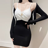 Women Dresses V-neck Strap Dress Cardigan Outer Coat Suit