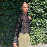 Women Knit Top Knitwear Beach Cover-up Sexy Backless Hollow out Sun Protection Shirt Knitted T-shirt