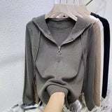 Women Knitted Pullover Spring and Autumn Zipper Hooded Long-Sleeved Sweater