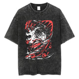 Men Washed T Shirt Black Japanese Anime Graphic Print TShirt