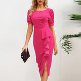Women Date Dress round Neck Pleated Lace Dress