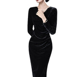 Women Maxi Dress Autumn and Winter V-neck Black Dress Sheath Pleuche Dress