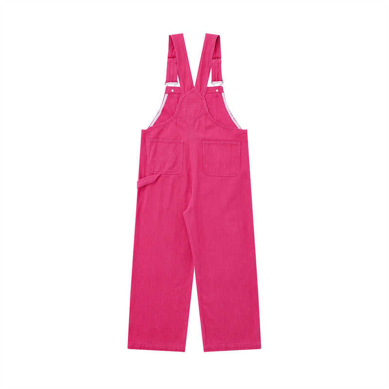 Women Pants Solid Color Denim Suspender Pants Casual Pocket Wide-Leg Straight Trousers
