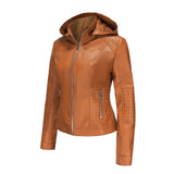 Red Leather Jacket Spring and Autumn Hooded Leather Coat Women's Detachable Hat Windproof Jacket