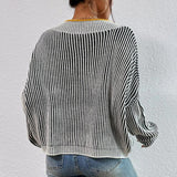 Women Knitted Sweater Autumn and Winter V-neck Loose Sweater Striped Pullover Sweater Top
