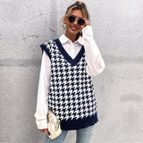 Women Knitted Sweater Autumn Loose Houndstooth V-neck Knitted Vest Women