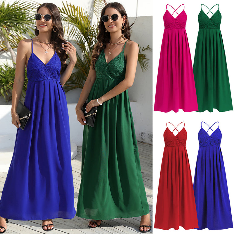 Women Date Dress Summer Slim Fit Lace Lace Spaghetti-Strap Dress