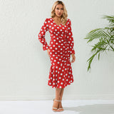 Women Date Dress Autumn and Winter Dress Sexy V-neck Polka Dot Printing Long-Sleeved Fishtail Dress