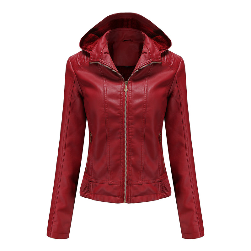 Red Leather Jacket Fall Winter Hooded Leather Women's Detachable Hat Long-Sleeve Zipper Fleece-Lined Wallet