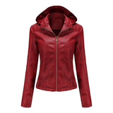 Red Leather Jacket Fall Winter Hooded Leather Women's Detachable Hat Long-Sleeve Zipper Fleece-Lined Wallet