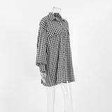 Women Trench Coat Black and White Plaid Long-Sleeved Shirt Women's Loose Casual
