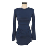 Women Dresses Dark Blue round Neck Dress Long Sleeve Short Dress Sexy