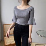 Women Knitted T-shirt Bell Sleeve Solid Color T-shirt Summer round Neck Top