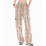 Men Sweatpants Plaid Casual Trousers Multi-Pocket Workwear Straight-Leg Pants