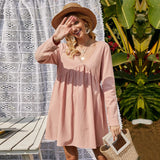 Women Dress Spring/Summer Loose Casual Lace V-neck Long-Sleeve Dress