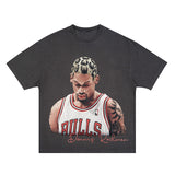 Dennis Rodman Graphic Tee Spring Summer Vintage Washed Old Rodman Print Short Sleeve T-Shirt