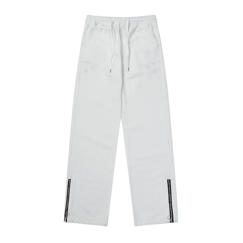 Men Sweatpants Pocket Wings Embroidered Straight Zipper Slit Jeans