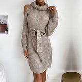 Women Knitted Sweater Autumn Knitted Hollow out Shoulder-Baring High Collar Sweater Dress