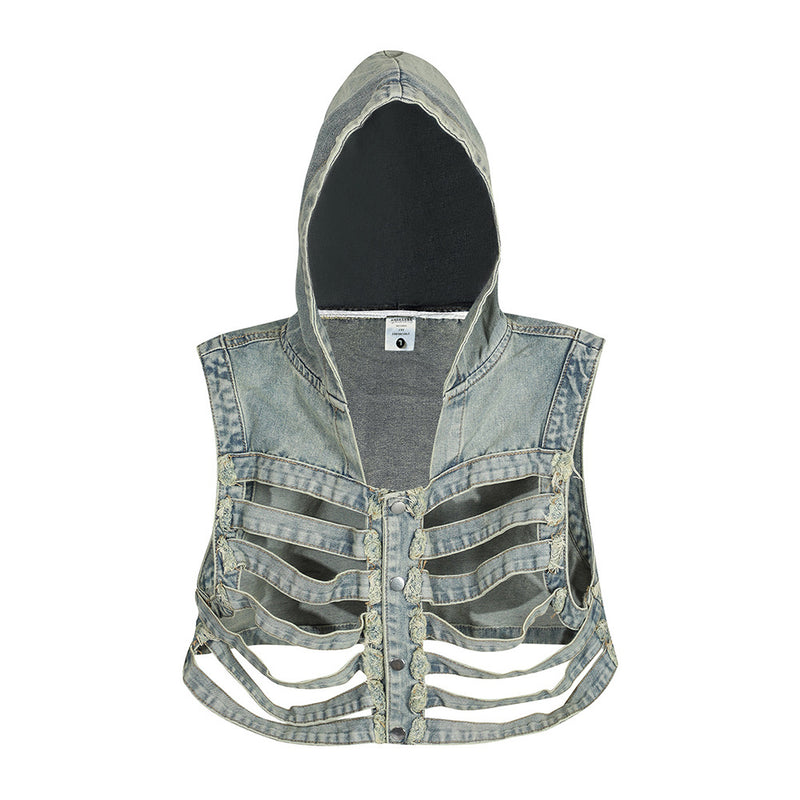 Men Vest Dark Hollow Skeleton Hooded Denim Vest