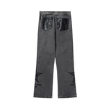 Men Jeans Five-Pointed Star PU Leather Patchwork Straight Jeans Men