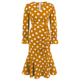 Women Date Dress Autumn and Winter Dress Sexy V-neck Polka Dot Printing Long-Sleeved Fishtail Dress