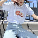 Sweet Pink Peach Printed T-shirts Summer O-Neck Women Fashion
