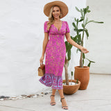 Women Date Dress Floral Dress Short Sleeve V-neck Bohemian A- line Skirt
