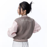 Women Jacket Color Contrast Short Baseball Jacket Stand Collar Embroidery Casual High Waist Jacket