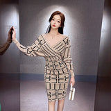 Women Maxi Dress Autumn and Winter V-neck Knitted Dress Package Hip Sweater Dress