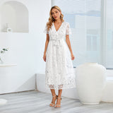Women Date Dress Slim Fit Embroidered Leaves Sequin Gauze Dress Skirt