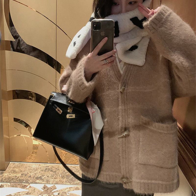 Women Knitted Cardigan Sweater Women's Autumn and Winter V-neck Loose Knitted Cardigan Coat