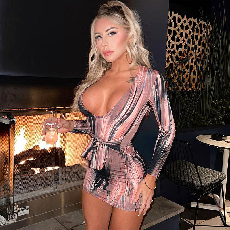 Women Dresses Summer Sexy V-neck Printed Long Sleeve Narrow Dress