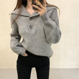 Women Knitwear Fall and Winter Lapels Button Sweater Casual Loose Sweater