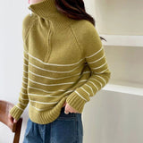 Women Knitted Pullover Vintage Zipper Spring and Autumn Polo Collar Stripes Knitted Top