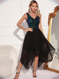 Women Evening Gown Sexy Retro Chiffon Stitching Green Sequins Dress