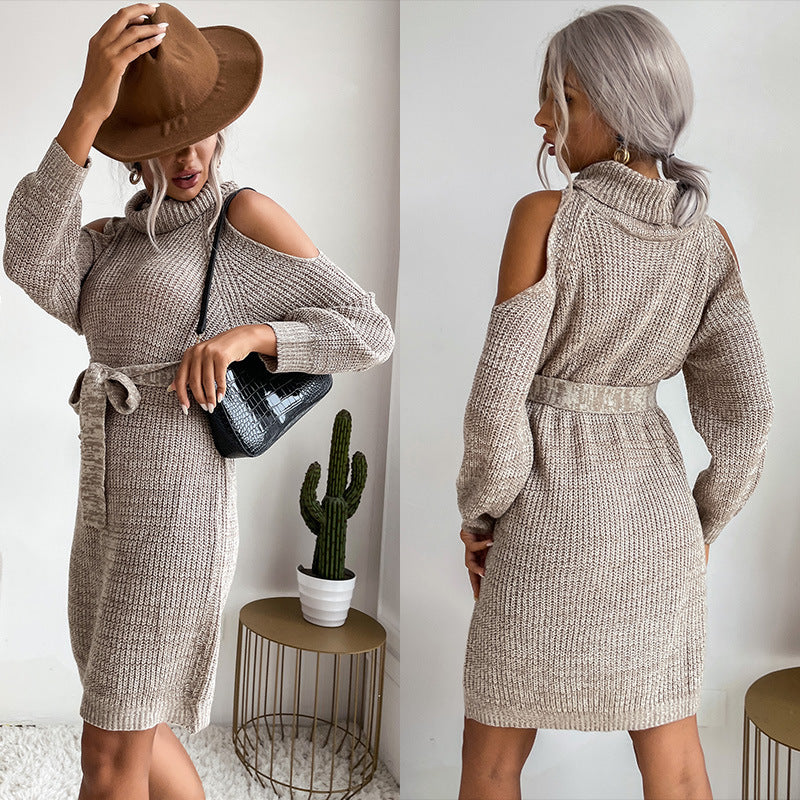 Women Knitted Sweater Autumn Knitted Hollow out Shoulder-Baring High Collar Sweater Dress