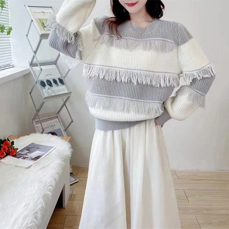 Women Knitwear Autumn and Winter Striped Tassel round Neck Sweater Loose Sweater
