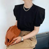 Women's T-shirt Summer Short-Sleeved T-shirt Women's Loose round Neck I Puff Sleeve Top