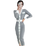 Women Maxi Dress Autumn and Winter V-neck Slim Houndstooth Knitted Dress