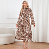 Women Date Dress Long Sleeve Dress Autumn and Winter Stand Collar Leopard Print Printed Dress Long Dress