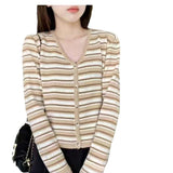 Women Knitwear Autumn Winter Retro Striped V-neck Sweaters Cardigan