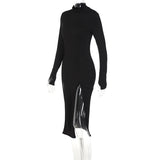 Women Dresses Autumn Turtleneck Long Sleeve High Slit Dress (Bla0420)