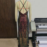 Women Evening Gown Sexy Backless Retro Spaghetti Straps Sequins Dress