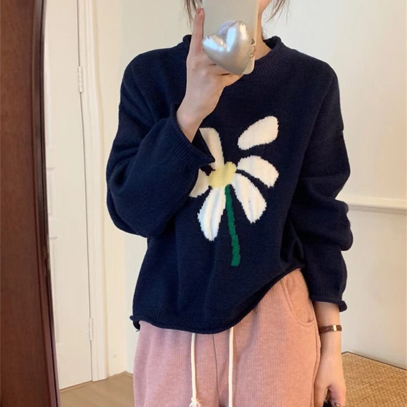 Women Knitted Pullover Autumn Winter Retro round Neck Sweater