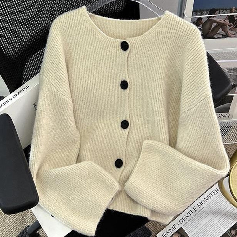 Women Knitwear Autumn and Winter round Neck Sweater Loose Knitted Cardigan