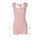 Women Jumpsuit Summer Backless Slim Fit Lace up Short-Sleeved Jumpsuit