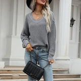 Women Knitted Sweater Autumn V-neck Gray Long Sleeves Women's Sweater Loose