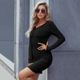 Women Dress Spring/Summer V-neck Hip Knitted Long-Sleeved Dress