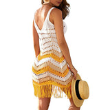 Women Knit Beach Cover Bikini Blouse Summer Knitted Beach Sun Protection Clothing Tassel Striped Vest Skirt