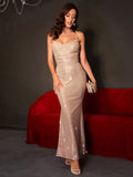 Women Evening Gown Sexy Backless Spaghetti Straps Sequins Dress